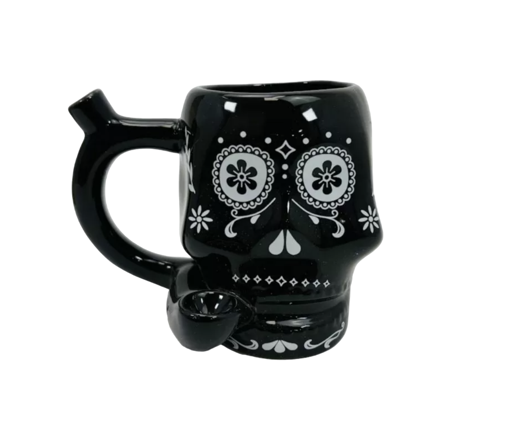 4'' Ceramic - Skull Mug Black With White Trim Design Hand Pipe