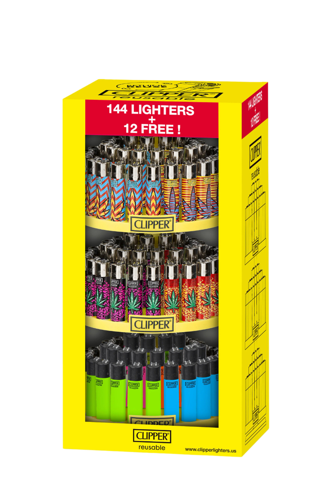 Clipper - 144 + 12 Free Reusable Lighters - Assorted Designs w/Spinning Display 2