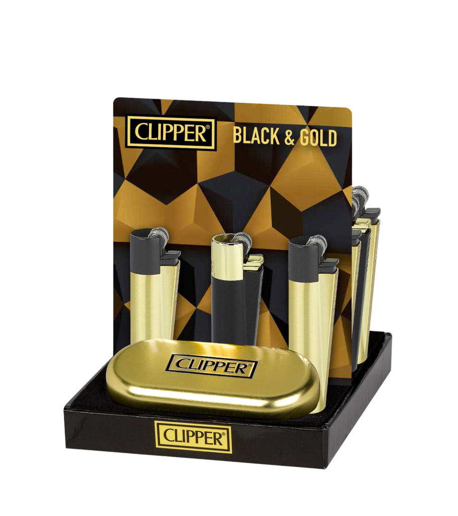 Clipper - Reusable - Black & Gold - 12 Lighters + 12 Gift Boxes 