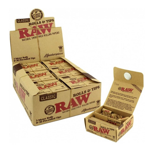 RAW - Classic - Masterpiece - 3 Meter Rolls & 30 Pre-Rolled Tips - 12 per Box 