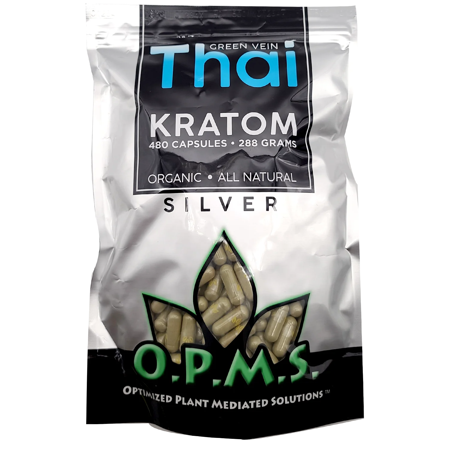 O.P.M.S. - Silver Green Thai Kratom Capsules - 480 CT